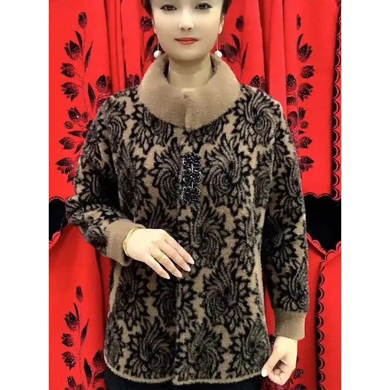 New Middle Aged Elderly Mother Imitation Mink Velvet Coat Women's Autumn Winter Thick Warm Cardigan Sweater Female Jacket