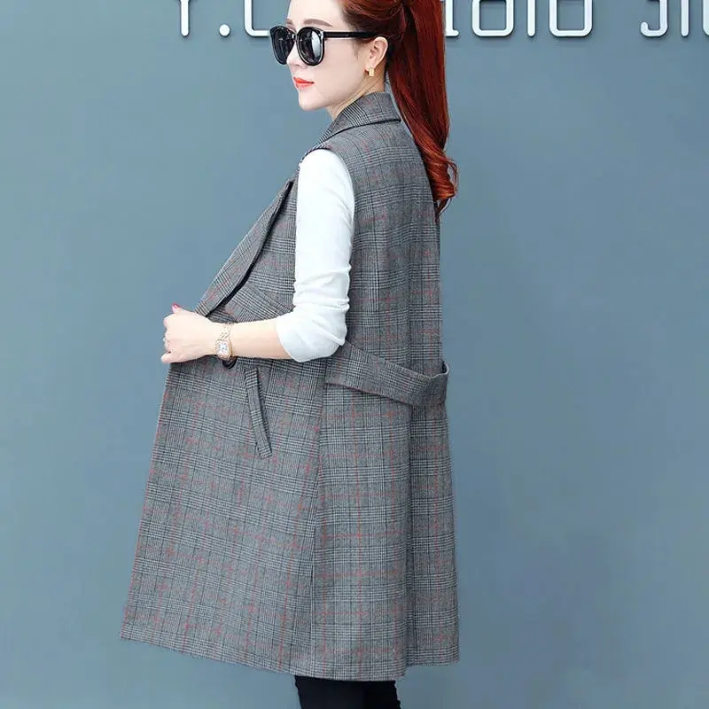 2022 New Fashion Spring Autumn Women's Plaid Vest Double Breasted Sleeveless Jacket Long Vest Female Waistcoat Windbreaker Coat