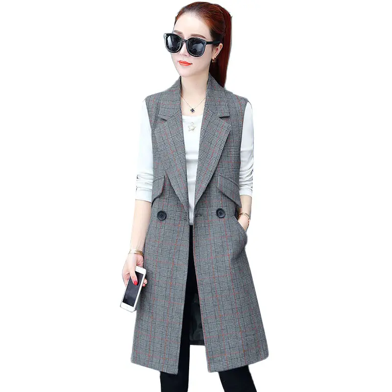 2022 New Fashion Spring Autumn Women's Plaid Vest Double Breasted Sleeveless Jacket Long Vest Female Waistcoat Windbreaker Coat