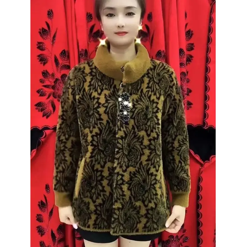 New Middle Aged Elderly Mother Imitation Mink Velvet Coat Women's Autumn Winter Thick Warm Cardigan Sweater Female Jacket