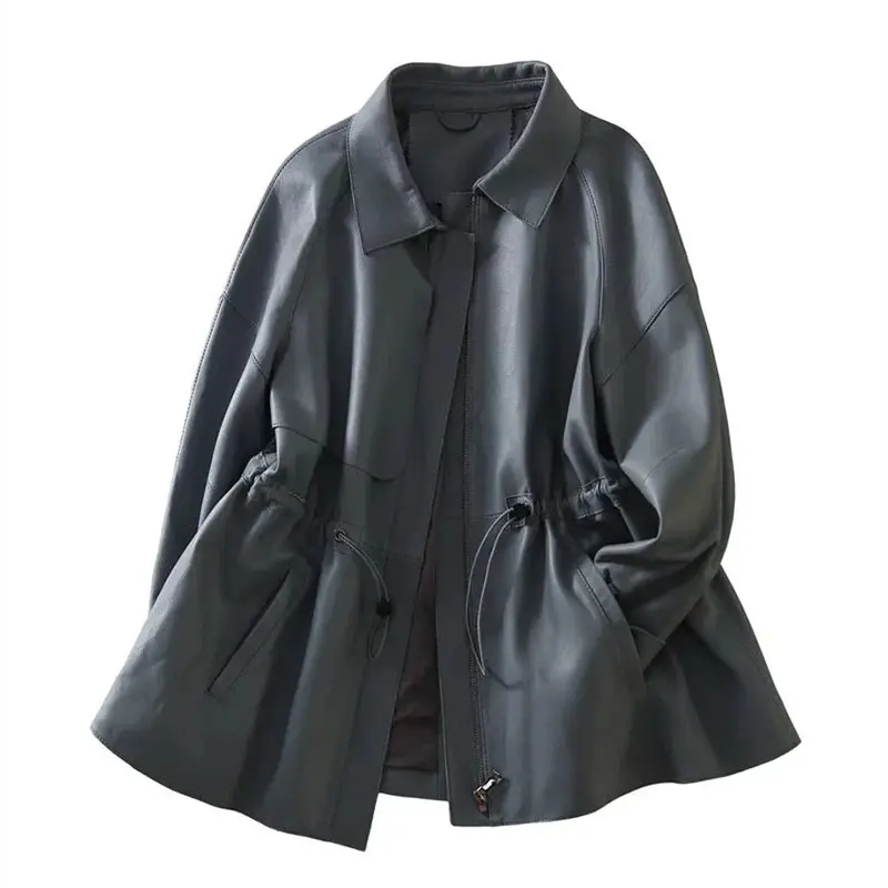 Fashion Leather Jacket Women Western-Style Mid Length 2024 Spring Autumn New Loose Korean Slim pu Leather Windbreak Female Tops