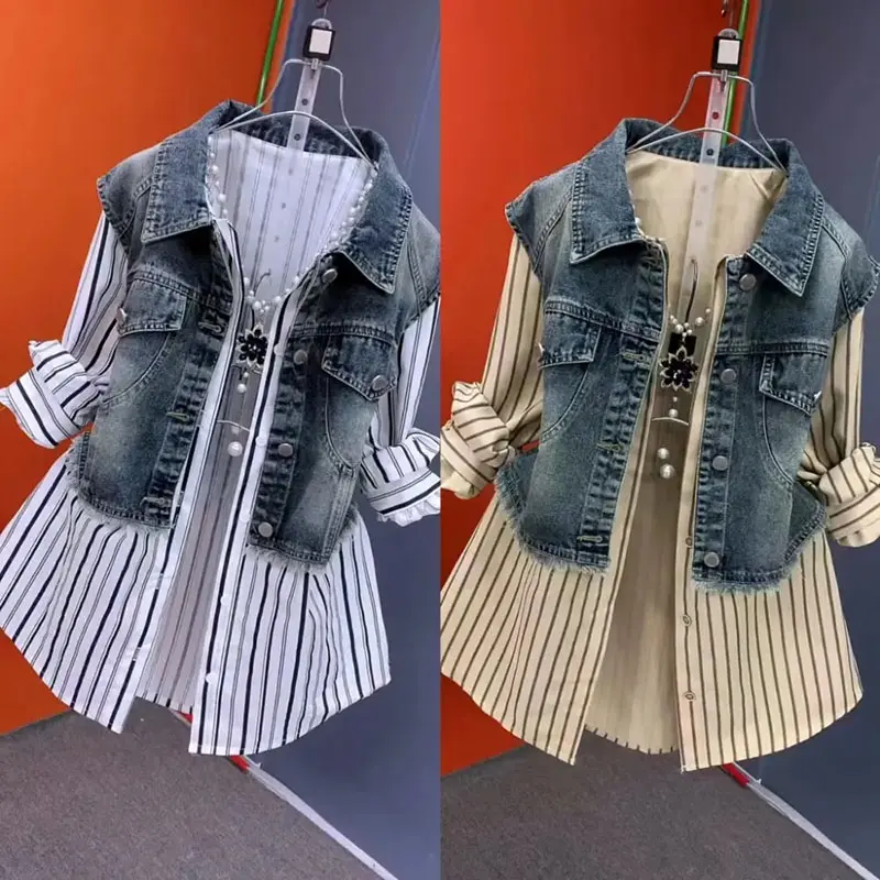 New Design Fake Two Denim Shirts Women Spring Autumn Korean Fashion Joker Striped Denim Shirt Ladies Top Casual Jean Coat Female