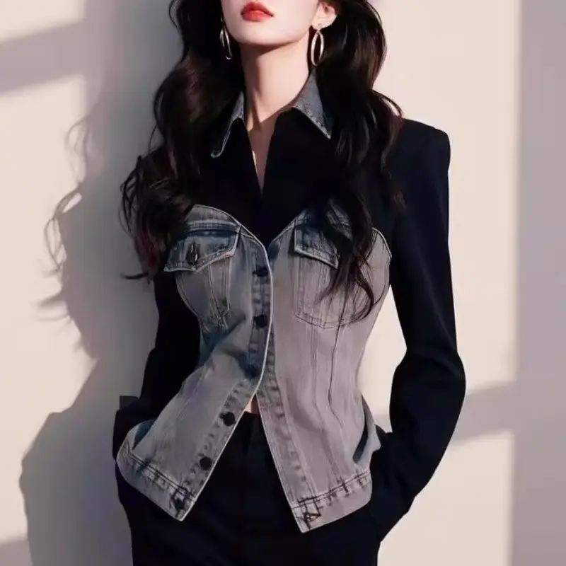 2025 New Black Stitching Denim Shirt Woman Autumn Korean Fashion Denim Shirt Tops Casual All-match Female Windbreaker