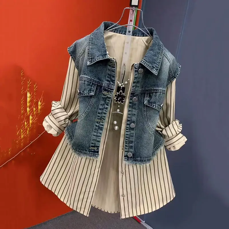 New Design Fake Two Denim Shirts Women Spring Autumn Korean Fashion Joker Striped Denim Shirt Ladies Top Casual Jean Coat Female