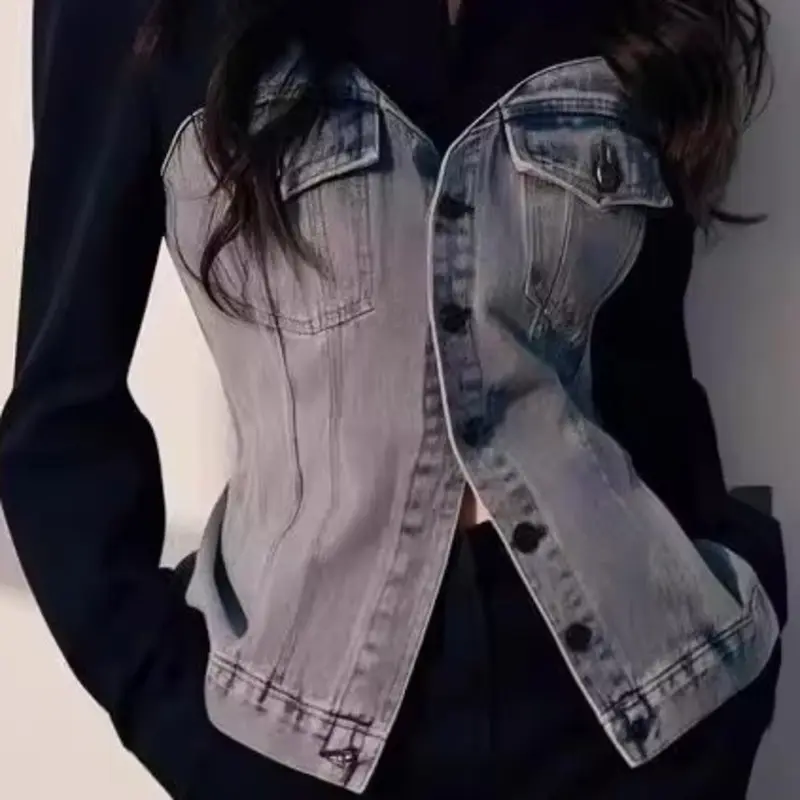 2025 New Black Stitching Denim Shirt Woman Autumn Korean Fashion Denim Shirt Tops Casual All-match Female Windbreaker