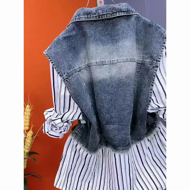 New Design Fake Two Denim Shirts Women Spring Autumn Korean Fashion Joker Striped Denim Shirt Ladies Top Casual Jean Coat Female