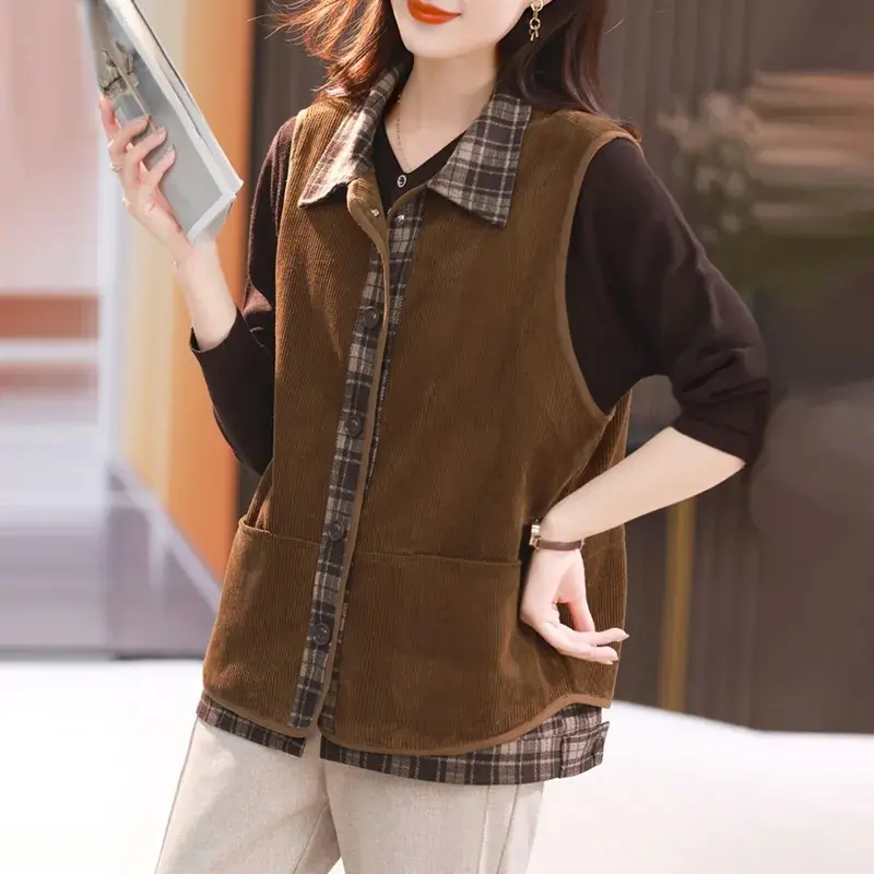 2025NewSpring Autumn Splicing Corduroy Short Vest Coat Female Korean Sleevele Waistcoat Jacket Women Casual Overcoat Ladies Tops