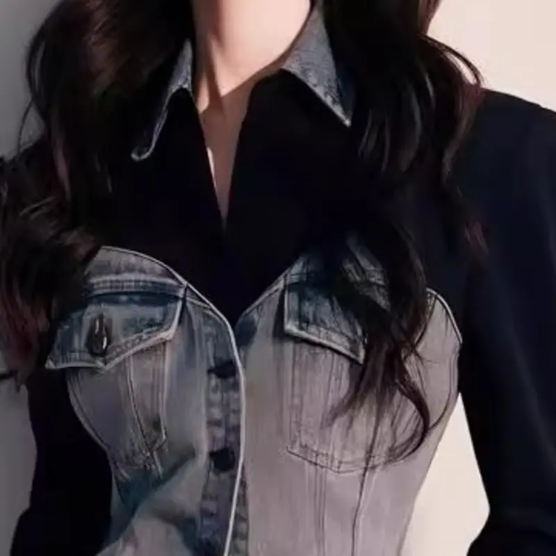 2025 New Black Stitching Denim Shirt Woman Autumn Korean Fashion Denim Shirt Tops Casual All-match Female Windbreaker