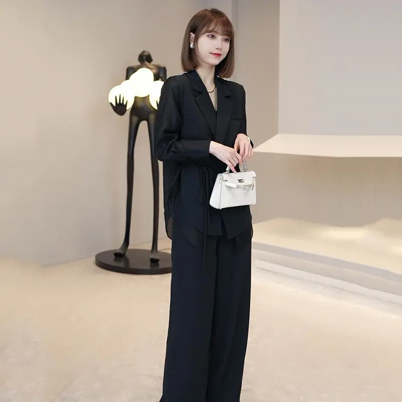2025 New Summer Fashion Suit Style Jacket Tops + Long Pants Women's Two-Piece Casual Elegant Middle-aged Slim Female Sets E798