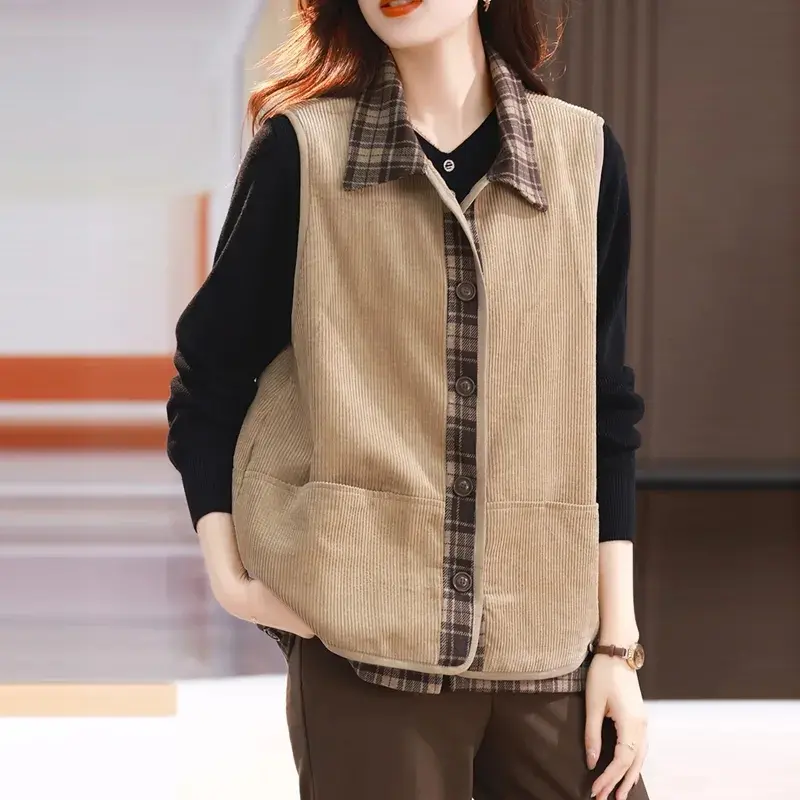2025NewSpring Autumn Splicing Corduroy Short Vest Coat Female Korean Sleevele Waistcoat Jacket Women Casual Overcoat Ladies Tops