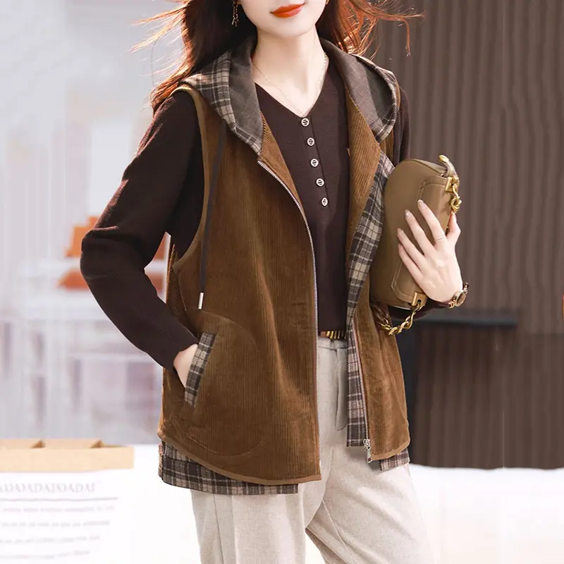 New 2025 Spring Autumn Women's Corduroy Stitching Short Vest Coats Female Korean Loose Jacket Ladies Casual Waistcoat Coat Tops