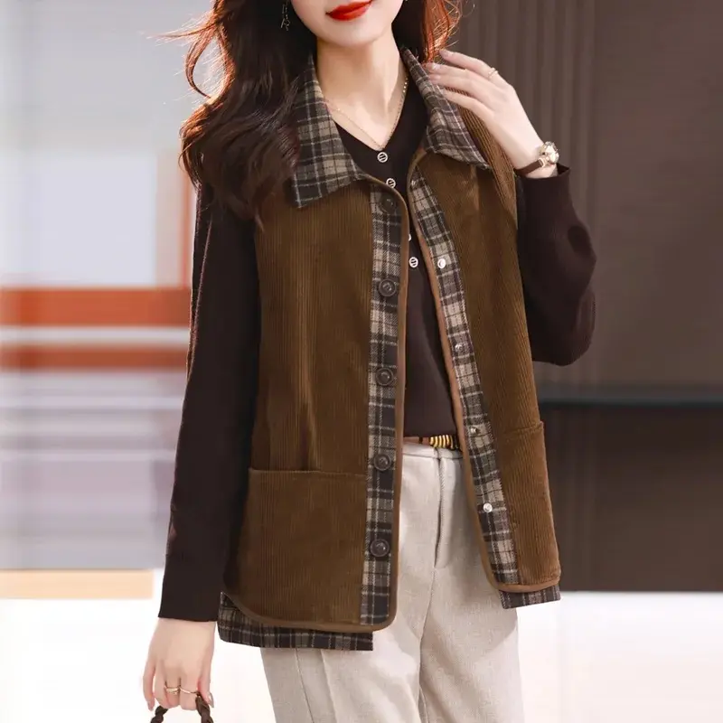 2025NewSpring Autumn Splicing Corduroy Short Vest Coat Female Korean Sleevele Waistcoat Jacket Women Casual Overcoat Ladies Tops