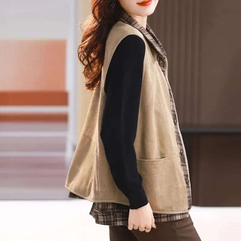2025NewSpring Autumn Splicing Corduroy Short Vest Coat Female Korean Sleevele Waistcoat Jacket Women Casual Overcoat Ladies Tops