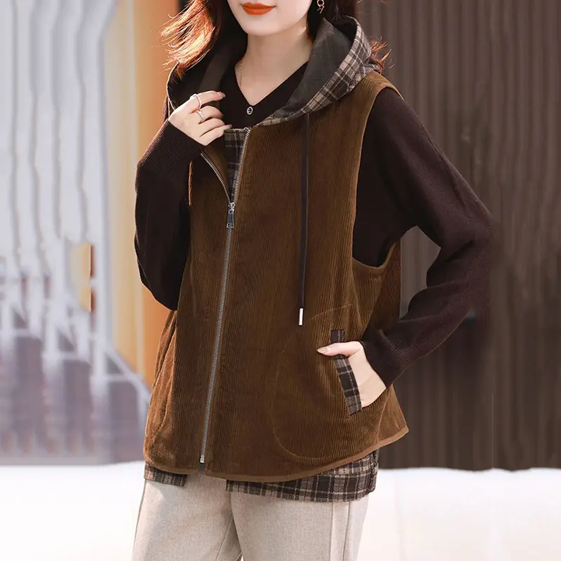 New 2025 Spring Autumn Women's Corduroy Stitching Short Vest Coats Female Korean Loose Jacket Ladies Casual Waistcoat Coat Tops
