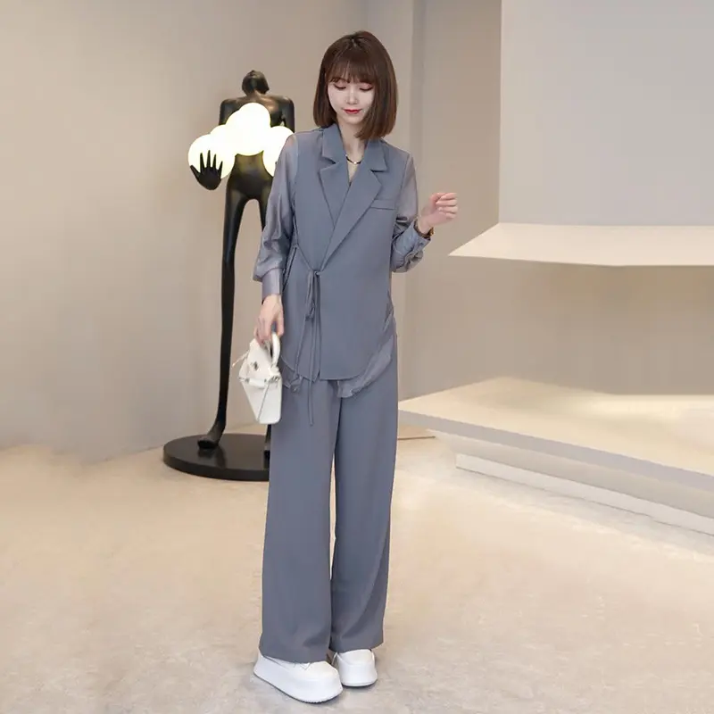 2025 New Summer Fashion Suit Style Jacket Tops + Long Pants Women's Two-Piece Casual Elegant Middle-aged Slim Female Sets E798