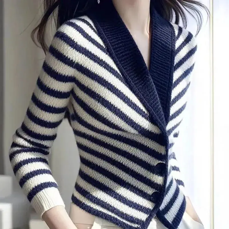 Fashion Knitted Cardigan Sweater Women Autumn Winter New V-Neck Striped Loose Sweater Ladies Chic Style Knitwear Coat Female Top