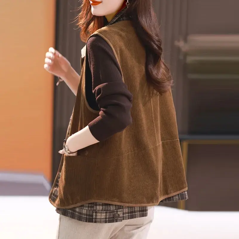 2025NewSpring Autumn Splicing Corduroy Short Vest Coat Female Korean Sleevele Waistcoat Jacket Women Casual Overcoat Ladies Tops