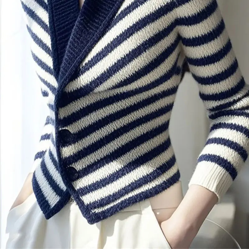Fashion Knitted Cardigan Sweater Women Autumn Winter New V-Neck Striped Loose Sweater Ladies Chic Style Knitwear Coat Female Top