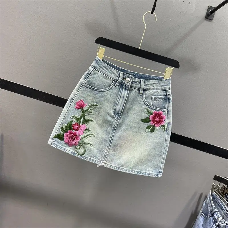Korean Flower Embroidery Denim Skirt Female 2025 New Spring Summer Temperament High Waist Slim A Word Hip Jeans Skirt Woman
