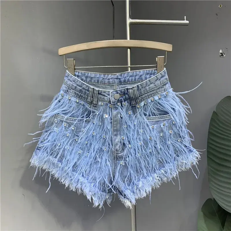 Diamond Setting light Blue Denim Skirt Women Spring Summer New 2025 Elastic Waist Joker Buttocks Wrapped Ladies Casual Clothing