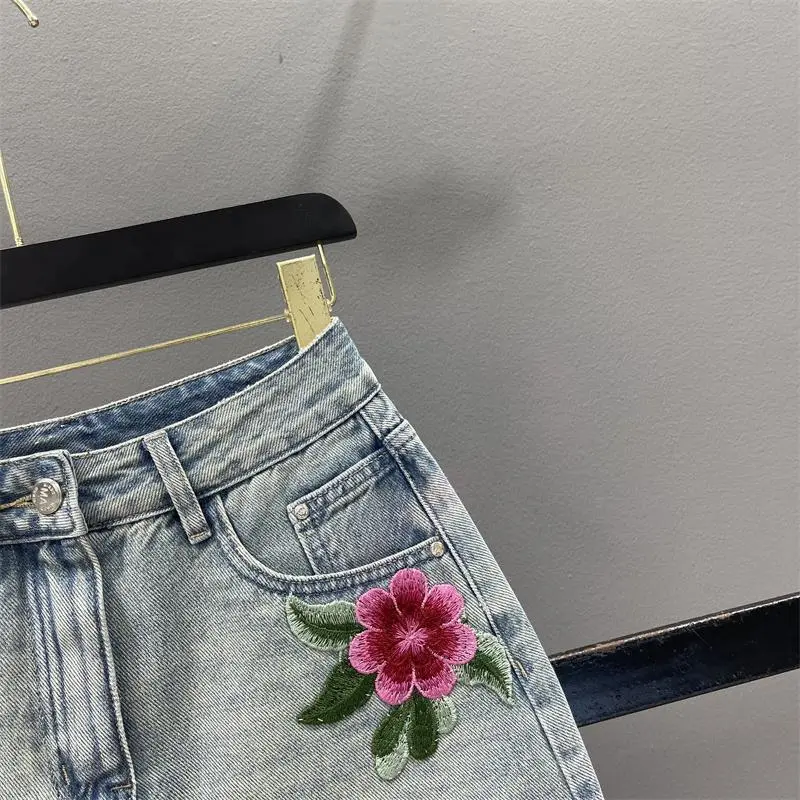 Korean Flower Embroidery Denim Skirt Female 2025 New Spring Summer Temperament High Waist Slim A Word Hip Jeans Skirt Woman