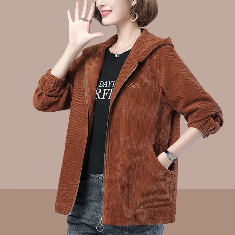 Corduroy Jacket Women Autumn Winter New 2022 Loose Hooded Jacket Ladies Mother Casual Velvet Warm Corduroy Coat R744