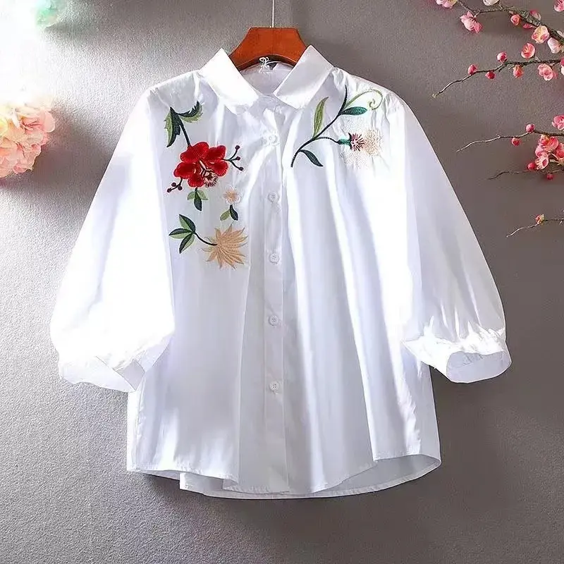 Women Shirts 2025 New Summer Korean Loose Embroidery Casual All-match Shirts Tops Female Office Lady Basic Shirt Blouses Ladies