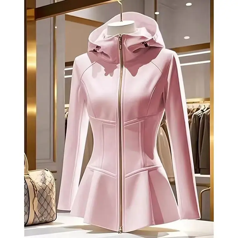 Fashion 2025 New Spring  Autumn Hooded Short Jacket Women  High Quality Waist Casual Wild Collection Pink Coat Female Outwear