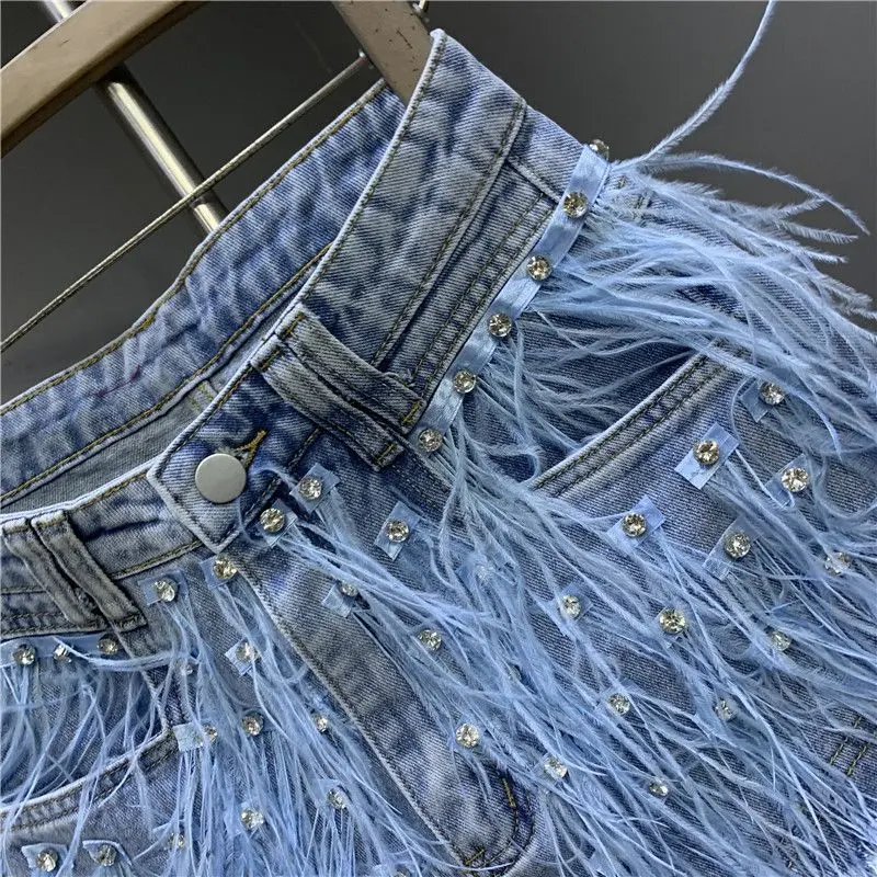 Diamond Setting light Blue Denim Skirt Women Spring Summer New 2025 Elastic Waist Joker Buttocks Wrapped Ladies Casual Clothing