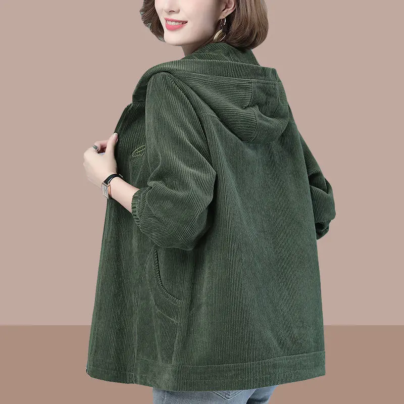 Corduroy Jacket Women Autumn Winter New 2022 Loose Hooded Jacket Ladies Mother Casual Velvet Warm Corduroy Coat R744
