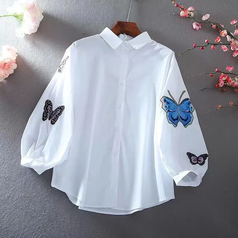 Women Shirts 2025 New Summer Korean Loose Embroidery Casual All-match Shirts Tops Female Office Lady Basic Shirt Blouses Ladies