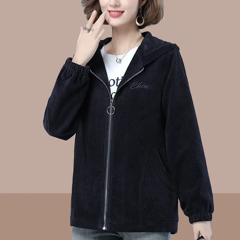 Corduroy Jacket Women Autumn Winter New 2022 Loose Hooded Jacket Ladies Mother Casual Velvet Warm Corduroy Coat R744