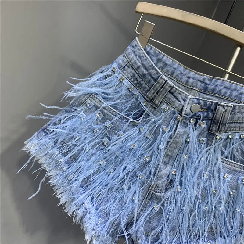 Diamond Setting light Blue Denim Skirt Women Spring Summer New 2025 Elastic Waist Joker Buttocks Wrapped Ladies Casual Clothing