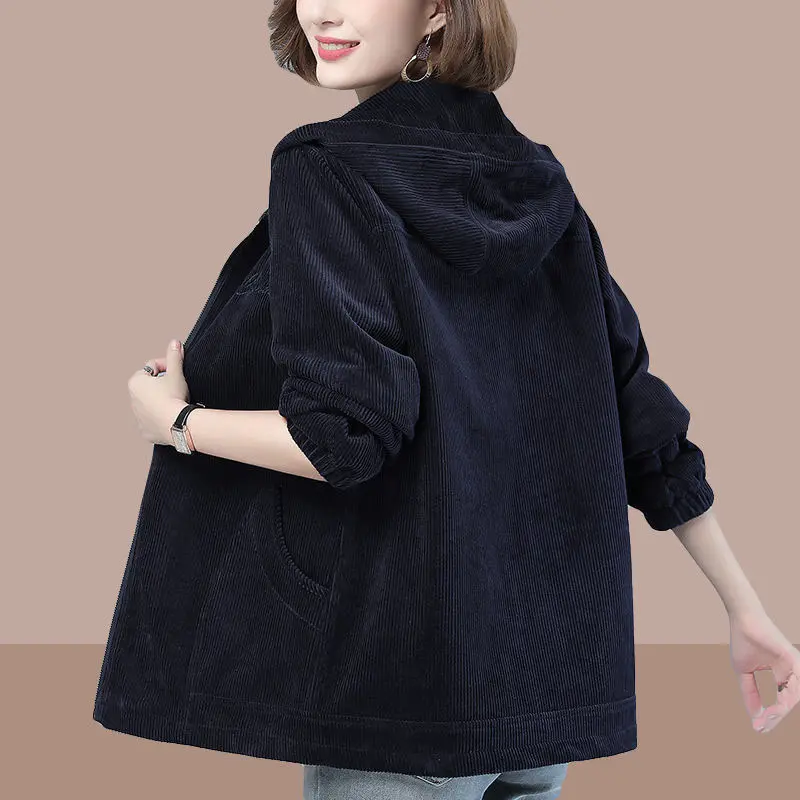 Corduroy Jacket Women Autumn Winter New 2022 Loose Hooded Jacket Ladies Mother Casual Velvet Warm Corduroy Coat R744