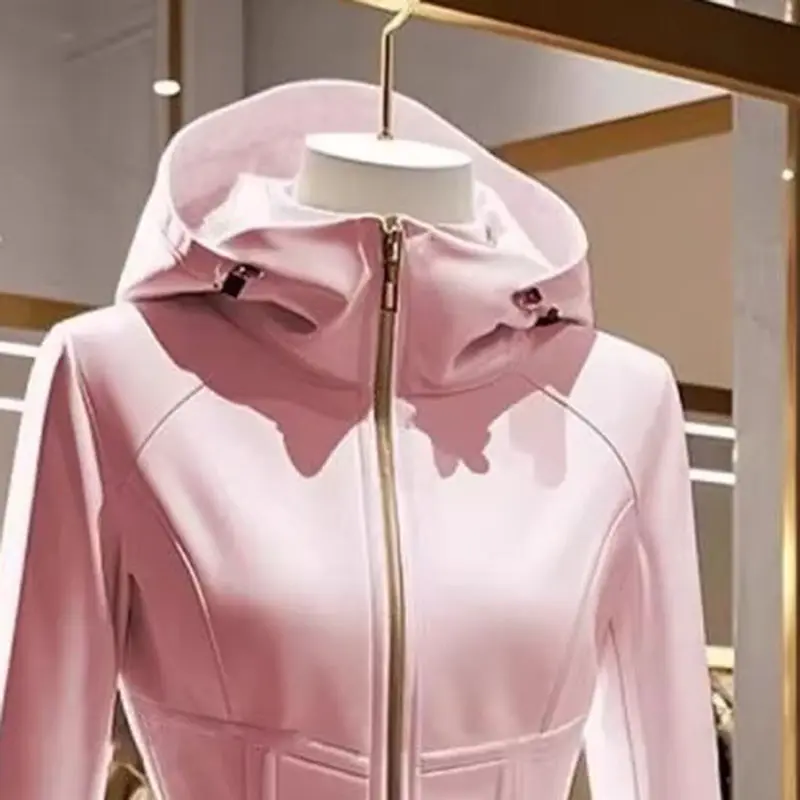 Fashion 2025 New Spring  Autumn Hooded Short Jacket Women  High Quality Waist Casual Wild Collection Pink Coat Female Outwear