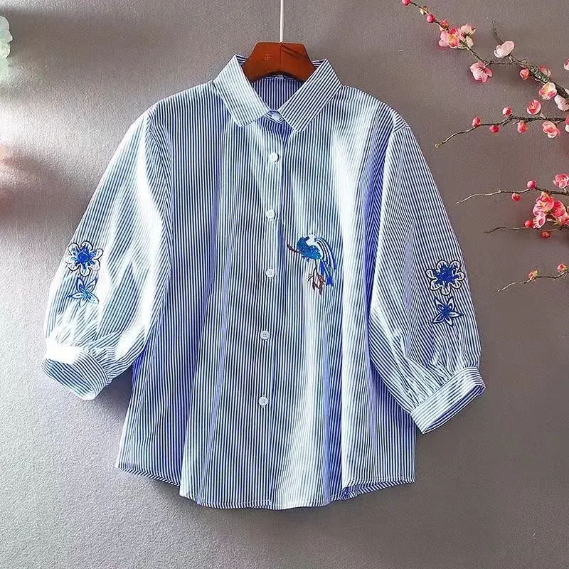 Women Shirts 2025 New Summer Korean Loose Embroidery Casual All-match Shirts Tops Female Office Lady Basic Shirt Blouses Ladies