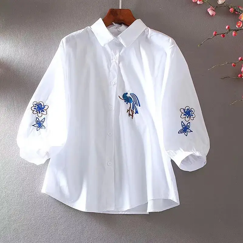 Women Shirts 2025 New Summer Korean Loose Embroidery Casual All-match Shirts Tops Female Office Lady Basic Shirt Blouses Ladies