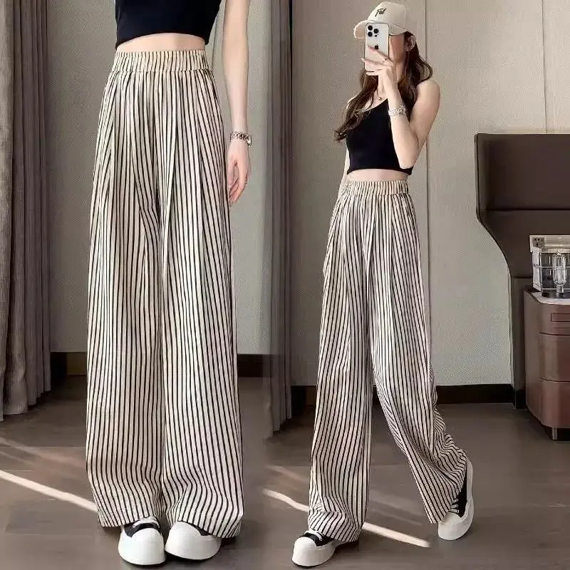 New Korean High Waist Summer Striped Wide Leg Pants Women Loose All-Match Thin Elastic Waist Casual Pants Female Trousers Ladies