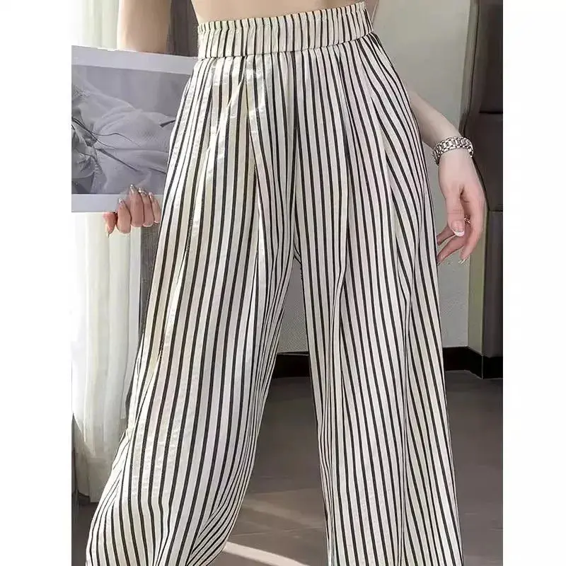 New Korean High Waist Summer Striped Wide Leg Pants Women Loose All-Match Thin Elastic Waist Casual Pants Female Trousers Ladies