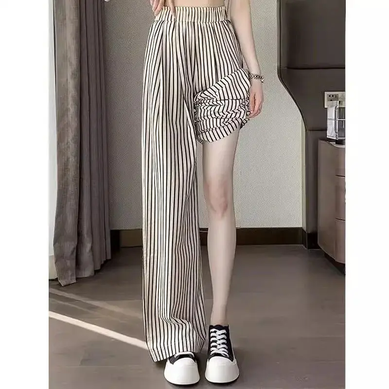New Korean High Waist Summer Striped Wide Leg Pants Women Loose All-Match Thin Elastic Waist Casual Pants Female Trousers Ladies