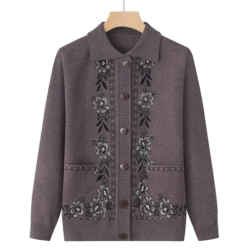 Spring Autumn Middle-Aged Elderly Women's Sweater Thin Cardigan Jackets 2025 New Casual Long Sleeve Coats Female Knitted Sweater