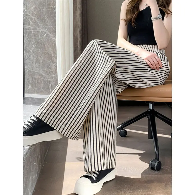 New Korean High Waist Summer Striped Wide Leg Pants Women Loose All-Match Thin Elastic Waist Casual Pants Female Trousers Ladies
