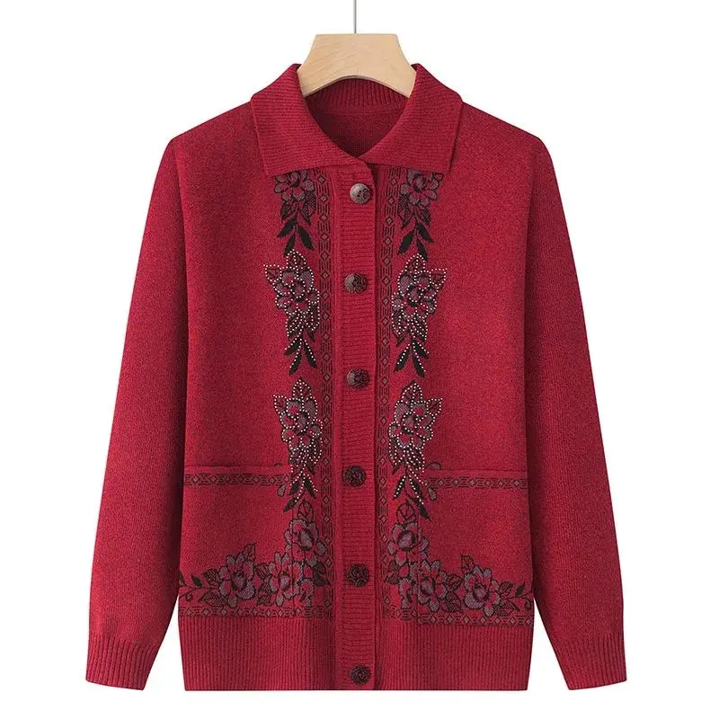 Spring Autumn Middle-Aged Elderly Women's Sweater Thin Cardigan Jackets 2025 New Casual Long Sleeve Coats Female Knitted Sweater