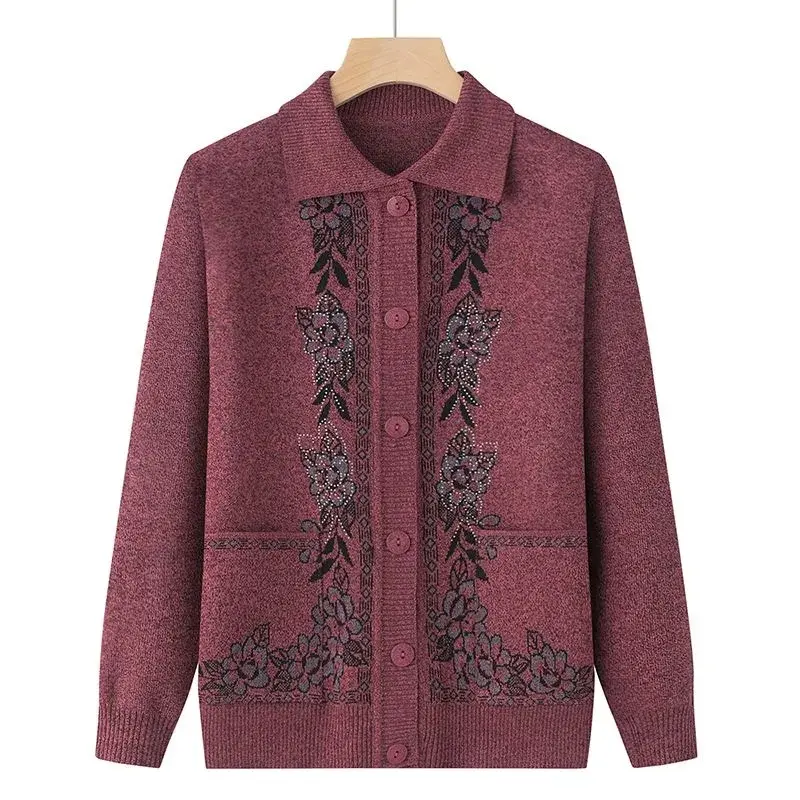 Spring Autumn Middle-Aged Elderly Women's Sweater Thin Cardigan Jackets 2025 New Casual Long Sleeve Coats Female Knitted Sweater