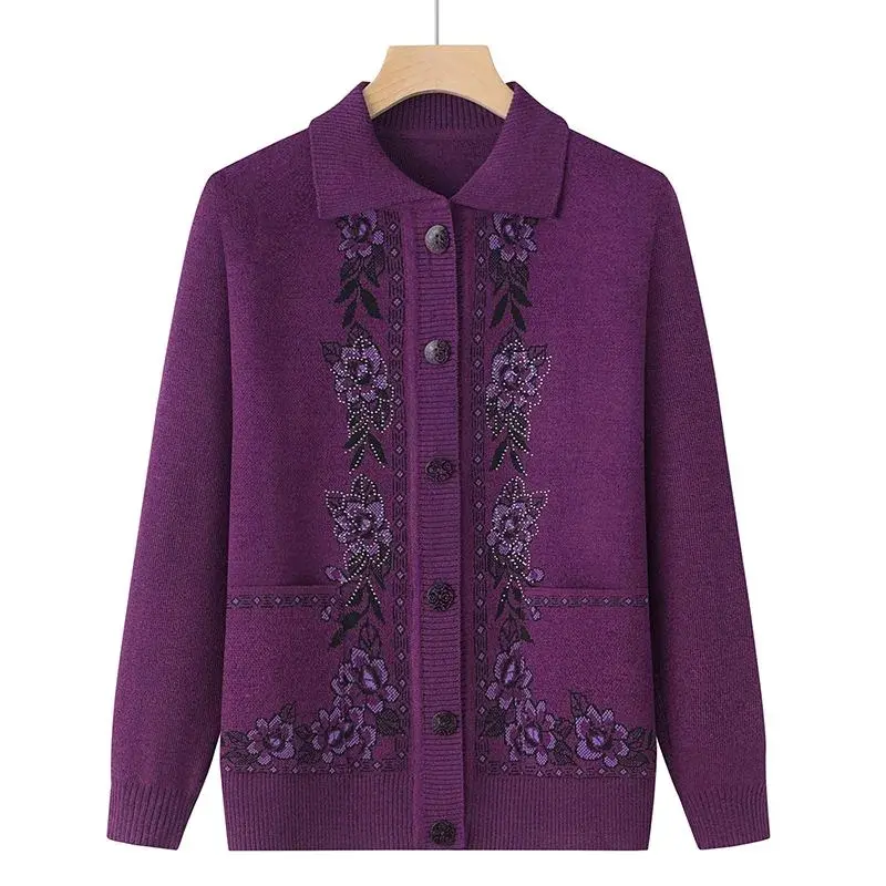 Spring Autumn Middle-Aged Elderly Women's Sweater Thin Cardigan Jackets 2025 New Casual Long Sleeve Coats Female Knitted Sweater