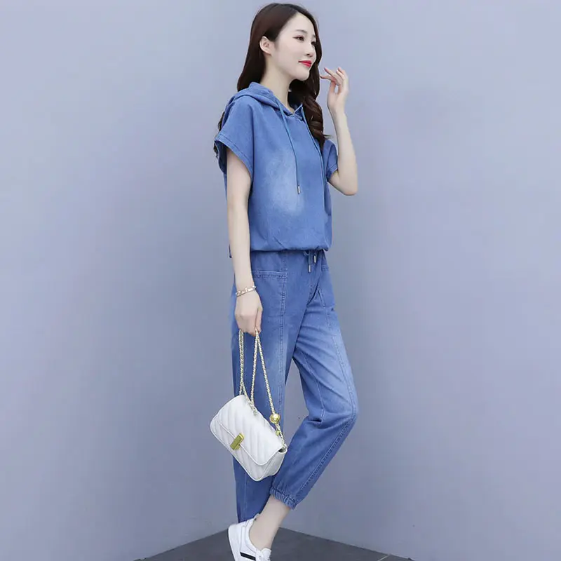 Summer Women Denim Two-Piece Suit 2024New Fashion Blast the Street Sportswear Female Casual Loose 2 Piece Set Women Outfit R2608