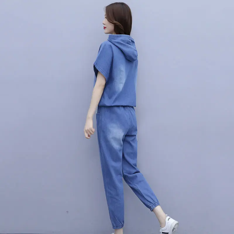 Summer Women Denim Two-Piece Suit 2024New Fashion Blast the Street Sportswear Female Casual Loose 2 Piece Set Women Outfit R2608