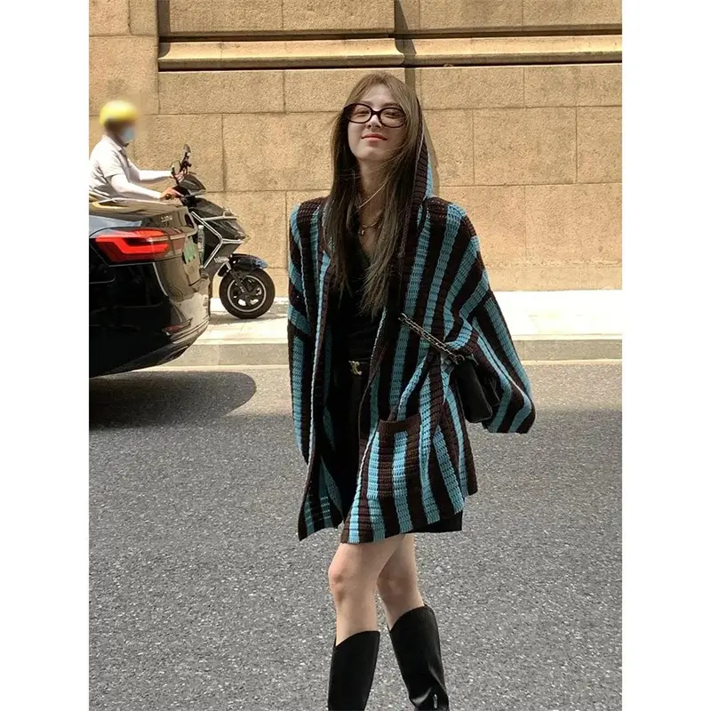 2025 Autumn Striped Hooded Sweater Cardigan Women's Spring Autumn Thin Loose Casual knitted Sweater Coat Female Knitwear Jackets