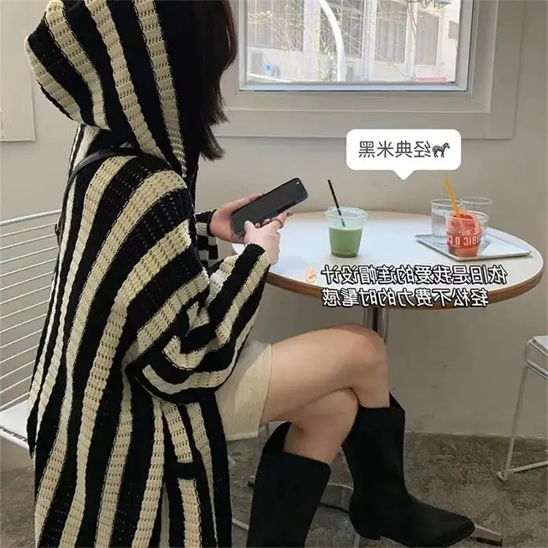 2025 Autumn Striped Hooded Sweater Cardigan Women's Spring Autumn Thin Loose Casual knitted Sweater Coat Female Knitwear Jackets