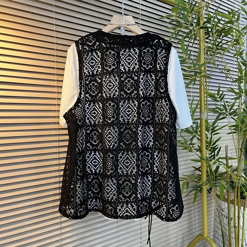 Knitted Cardigan Vest Women New 2025 Summer Korean All-match Thin Hollow Sleeveless Casual Waistcoat Short Vest Coat Female Tops